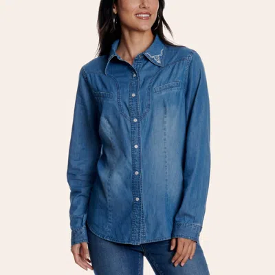 Rockin' C Women's Dark Wash Denim Ivory Skull Embroidered Western Shirt In Blue
