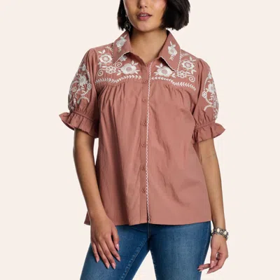 Rockin' C Women's Dusty Coral With Floral Embroidery Short Puff Sleeve Top In Pink