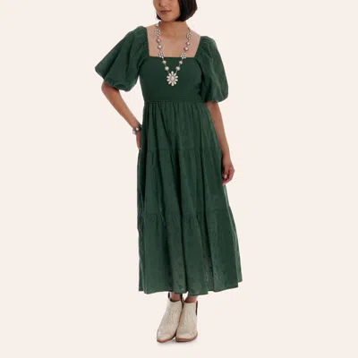 Rockin' C Women's Green Eyelet Puff Sleeve Tiered Maxi Dress In Medium Green