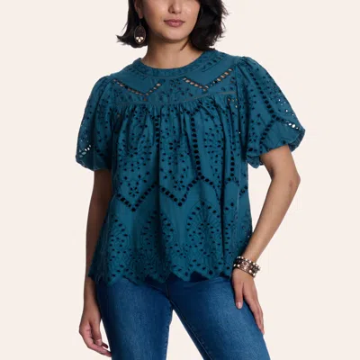 Rockin' C Women's Indigo Eyelet Puff Sleeve Top In Blue