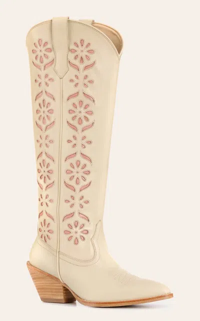 Rockin' C Women's Ivory With Floral Inlay Almond Toe Tall Cowboy Boots In White