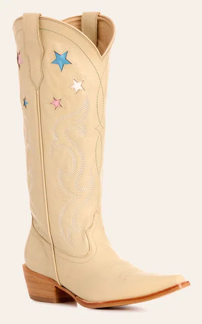 Rockin' C Women's Ivory With Star Inlays Snip Toe Tall Cowboy Boots In White