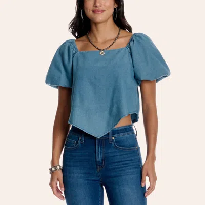 Rockin' C Women's Light Wash Denim Cropped Puff Sleeve Handkerchief Top In Blue