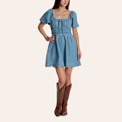 Rockin' C Women's Light Wash Denim Ruched Puff Sleeve Mini Dress In Blue