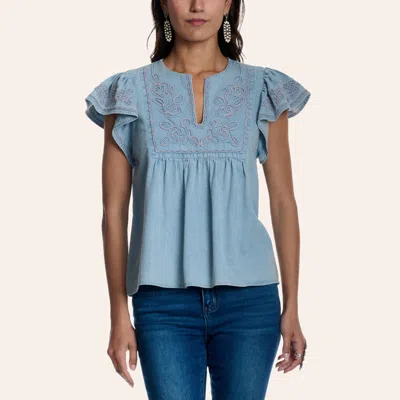Rockin' C Women's Light Wash Embroidered Flutter Sleeve Denim Top In Blue