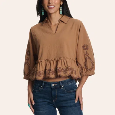 Rockin' C Women's Macchiato Floral Embroidered 3/4 Sleeve Cropped Top In Brown