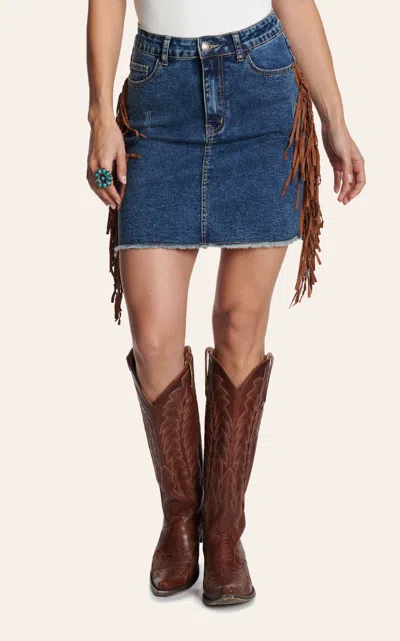 Rockin' C Women's Medium Acid Wash Brown Side Fringe Denim Skirt In Blue