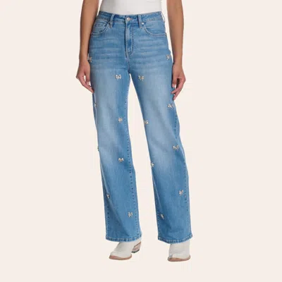 Rockin' C Women's Medium Wash Crystal Bow High Rise Wide Leg Jeans In Blue