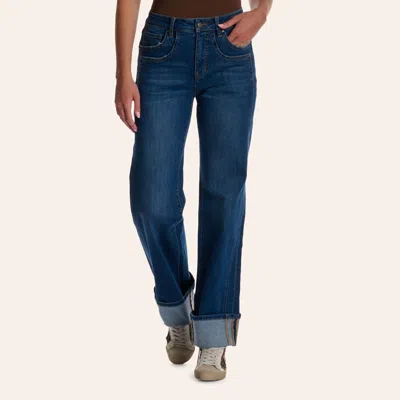 Rockin' C Women's Medium Wash Cuffed Slim Wide Leg Jeans In Stonewash Blue