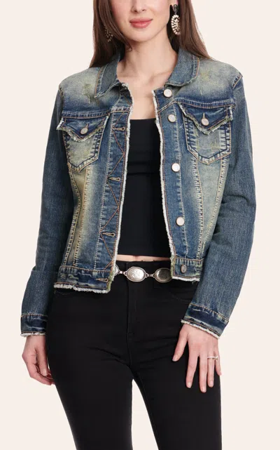 Rockin' C Women's Medium Wash With Frayed Edge Denim Jacket In Blue