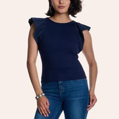Rockin' C Women's Navy Ribbed Knit Flutter Sleeve Fitted Top In Blue