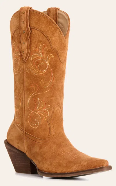 Rockin' C Women's Nut With Floral Embroidery And Stud Accents Suede Snip Toe Cowboy Boots In Brown
