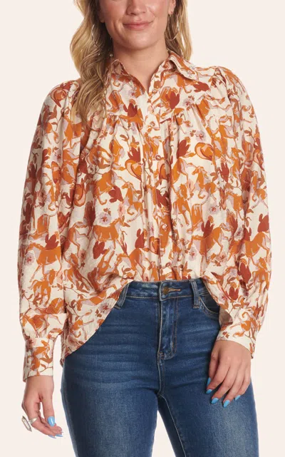 Rockin' C Women's Orange & Cream Horse Print Long Sleeve Top In Multi