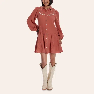Rockin' C Women's Pink Long Sleeve Pearl Snap Western Shirt Dress In Brown