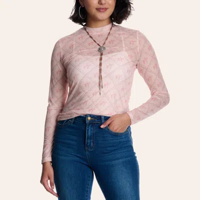 Rockin' C Women's Pink Mesh Horse Print Long Sleeve Top