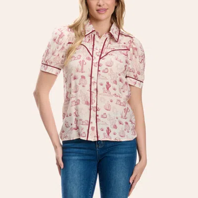Rockin' C Women's Rose & Cream Cactus Print Western Shirt In Burgundy