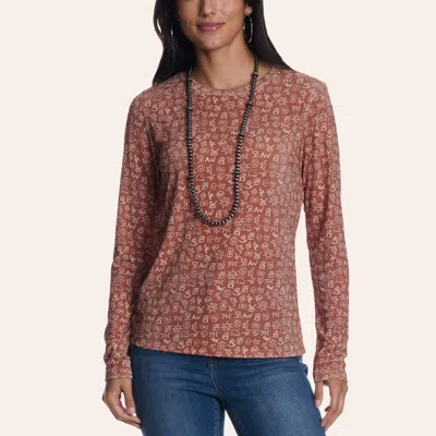Rockin' C Women's Rust Brand Print Long Sleeve Top In Brown