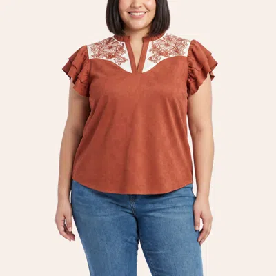 Rockin' C Women's Rust Floral Embroidered Ruffle Sleeve Top