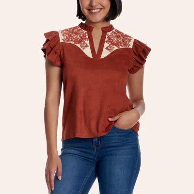 Rockin' C Women's Rust Floral Embroidered Ruffle Sleeve Top
