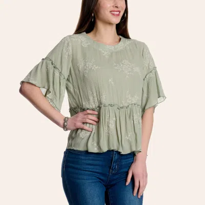 Rockin' C Women's Sage & White Floral Embroidered Top In Green