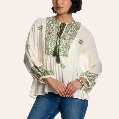 Rockin' C Women's Sage Green & White Boho Print Long Sleeve Peasant Top In Multi