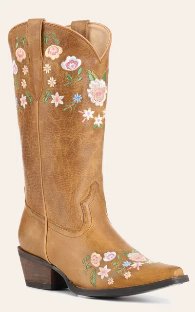 Rockin' C Women's Tan Floral Embroidered Leather Snip Toe Cowboy Boots In Brown