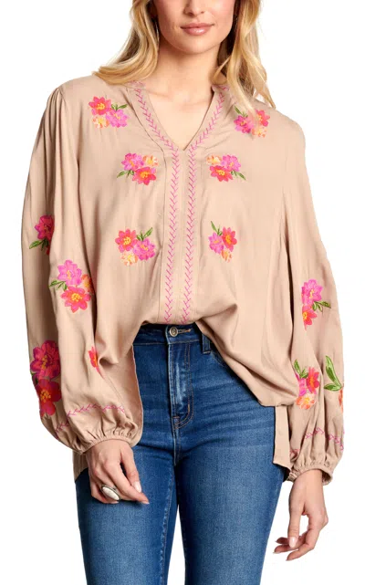 Rockin' C Women's Tan With Floral Embroidery Top In Pink