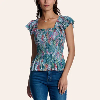 Rockin' C Women's Teal Floral Print Flutter Sleeve Top In Blue