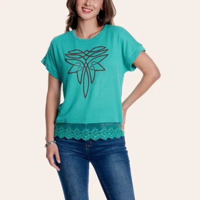 Rockin' C Women's Teal Lace Hem Knit Top In Green