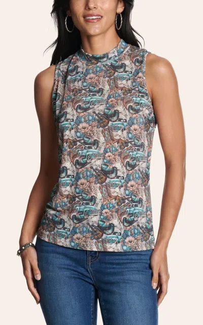 Rockin' C Women's Turquoise & Tan Western Print Mesh Top In Blue