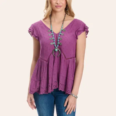 Rockin' C Women's Violet Swiss Dot Floral Trim Ruffle Top In Purple