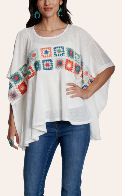 Rockin' C Women's White & Colorful Crochet Poncho Top