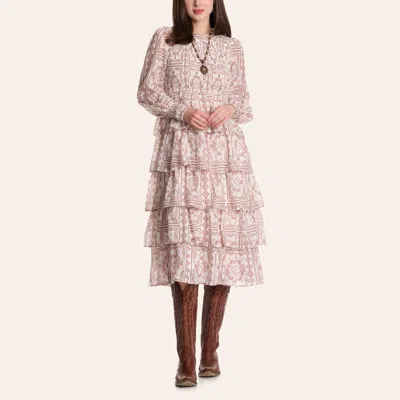 Rockin' C Women's White & Rust Aztec Print Long Sleeve Tiered Midi Dress