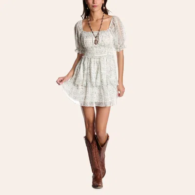 Rockin' C Women's White & Sage Western Print Tiered Mini Dress In Yellow