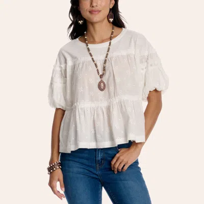 Rockin' C Women's White Eyelet Bubble Sleeve Babydoll Top