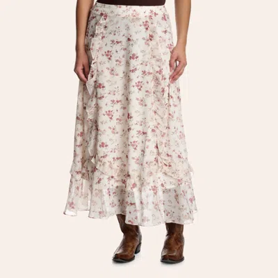 Rockin' C Women's White Floral Print Ruffled Maxi Skirt