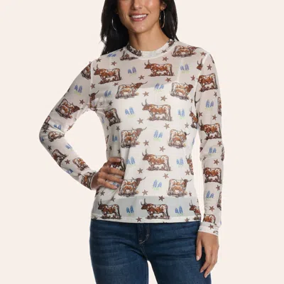 Rockin' C Women's White Longhorn & Bluebonnet Print Long Sleeve Mesh Top In Multi