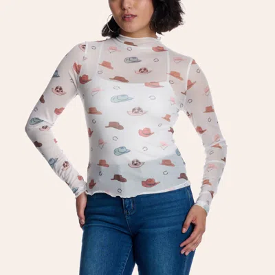 Rockin' C Women's White Mesh Cowgirl Hat Print Long Sleeve Top
