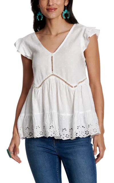 Rockin' C Women's White Swiss Dot Ruffle Top