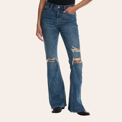 Rockin' C Womenâ€™s Medium Wash Distressed Knee High Rise Flare Jeans In Blue