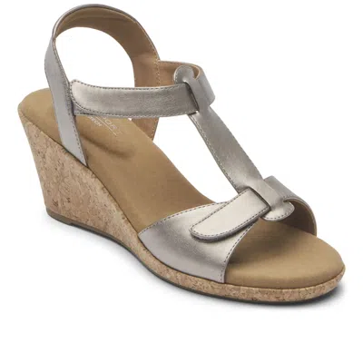 Rockport Blanca Sandals Women's Taupe Metallic T-strap Wedge Heel Lion427 In Silver