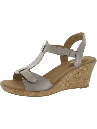 Rockport Blanca T Strap Womens Faux Leather Open Toe Wedge Sandals In Grey
