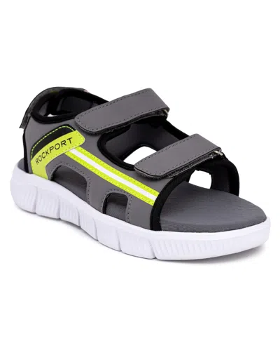 Rockport Kids' Little And Big Boys Rodney Open Toe Flat Sandals In Gray,black And Lime