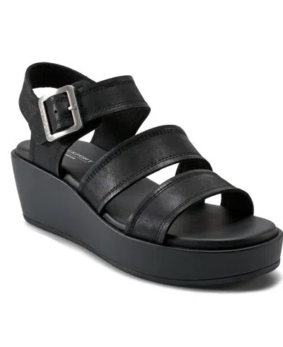 Rockport Women's Anala Strappy Open Toe Casual Wedge Sandals In Black Leather