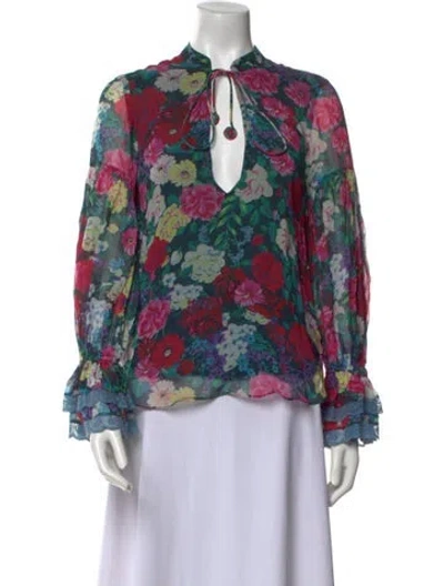 Pre-owned Rococco Sands Floral Print Mock Neck Blouse In Multi