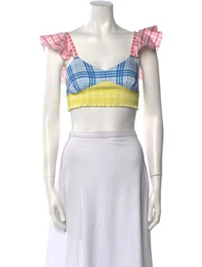 Pre-owned Rococco Sands Plaid Print Square Neckline Crop Top In White