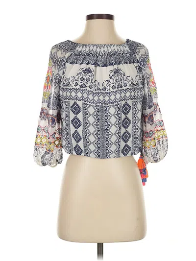 Pre-owned Rococo Sand 3/4 Sleeve Silk Top Blue Keyhole Neckline Tops