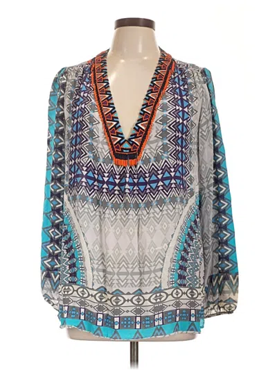Pre-owned Rococo Sand 3/4 Sleeve Silk Top Blue Plunge Neckline Tops