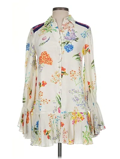 Pre-owned Rococo Sand 3/4 Sleeve Silk Top Ivory Floral Pattern Tie Neck Tops
