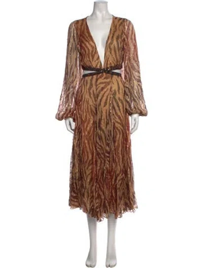 Pre-owned Rococo Sand Animal Print Midi Length Dress In Gold